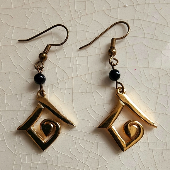 Unicef signed abstract geometric triangle swirl Egyptian revival dangle earrings - Picture 9 of 12